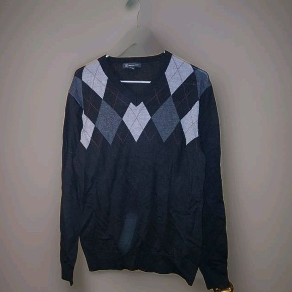 INC Argyle Sweater Mens Size Medium V-Neck Black & Gray 40×27 Merino Wool Blend - Picture 1 of 11